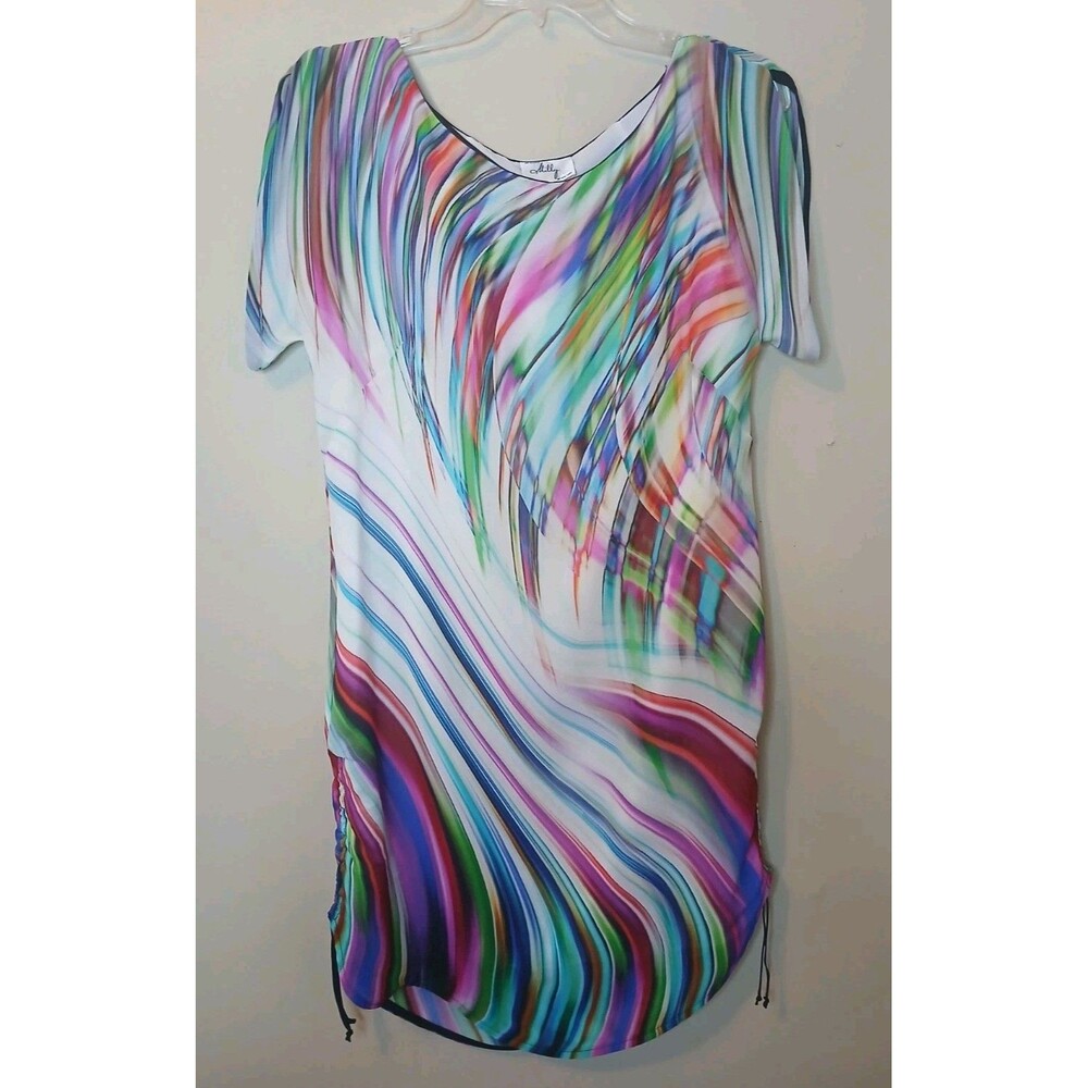 Milly Silk Dress Sz 8 Multicolor Shift Style Swirl Print w Rouched Side Hem $345 - Picture 2 of 15